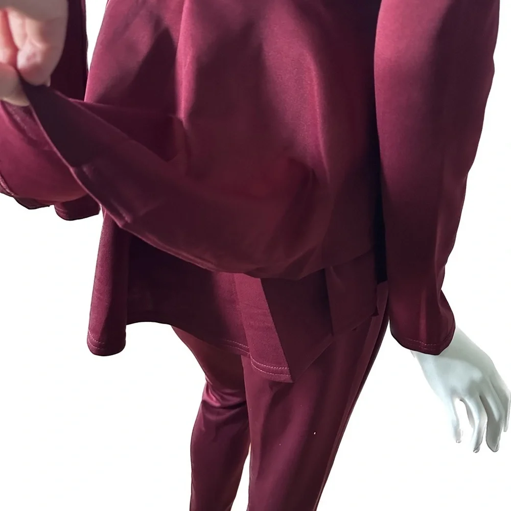 Burgundy Peplum Blazer and Slim Fit Trousers Pant‎ Suit Set 2 Piece Maroon